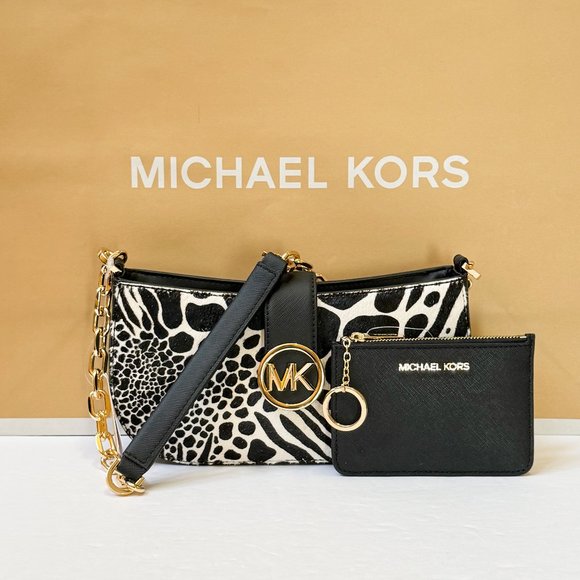 Michael Kors Carmen Small Shoulder Chain Bag Black Haircalf + Coin ID Key Wallet